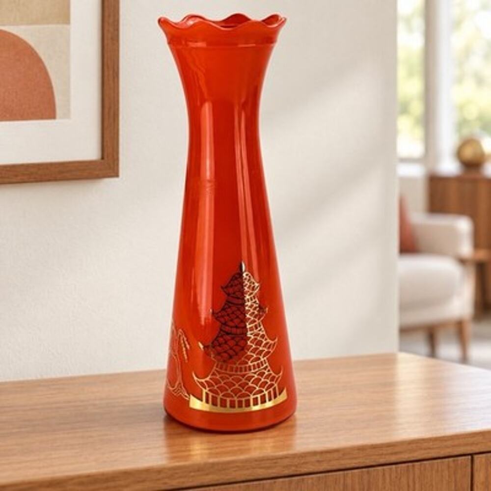 Vintage Bartlett Collins Orange Glass Vase Gold Asian Pagoda Design 9.5”
